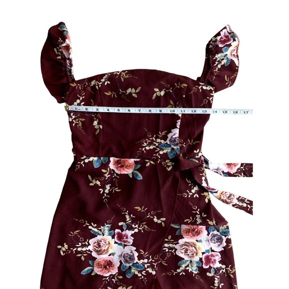 Womens Floral Print Maxi Dress With Ruffle Sleeves & Waist Tie Burgundy Small - Picture 8 of 10